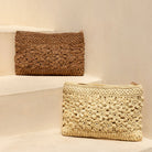 Flowery flat raffia zip pouch, handwoven in Madagascar
