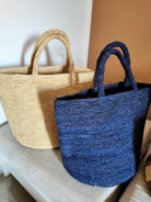Caramel raffia beach tote bag in beige and blue, handwoven in Madagascar