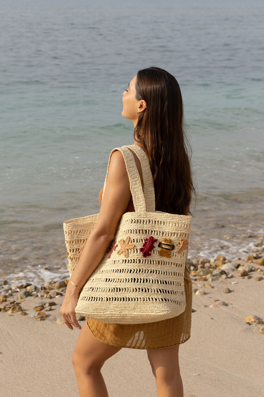 Coralia Tote (Color) - coral, starfish and crab appliqué raffia tote