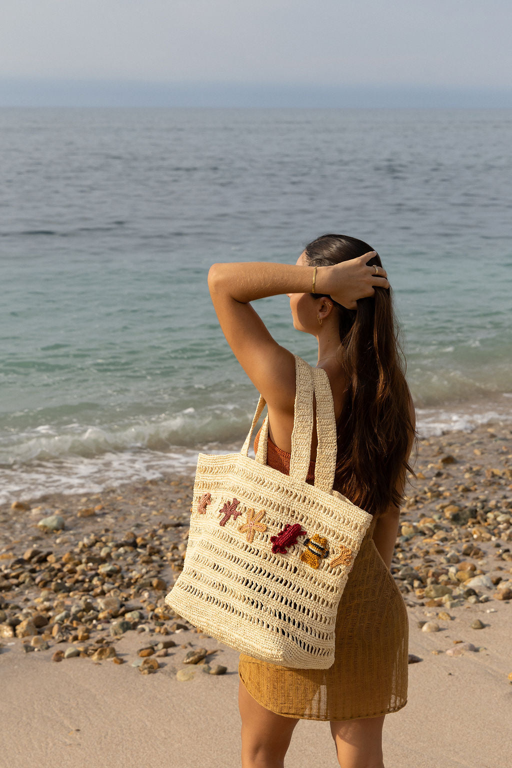 Coralia Tote (Color) - coral, starfish and crab appliqué raffia tote