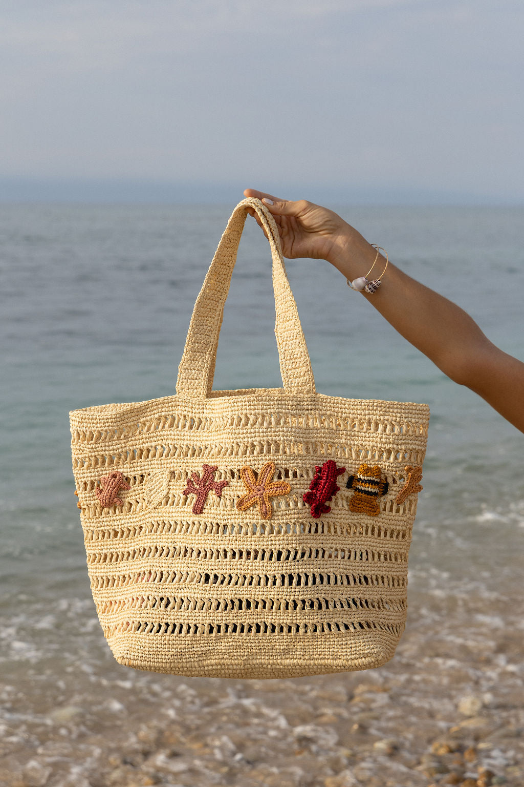 Coralia Tote (Color) - coral, starfish and crab appliqué raffia tote